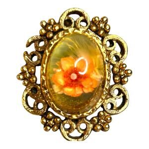 Vintage Floral Resin Globe Gold Tone Filigree Framed Pendant